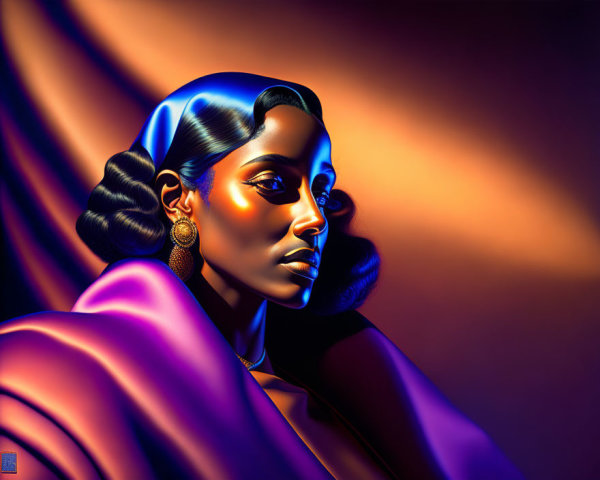 Digital artwork: Woman with gold and blue highlights, hoop earrings, draped purple garment