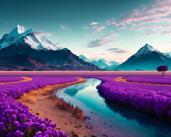Surreal landscape with snow-capped mountains, pink lake, blue river, and purple flora