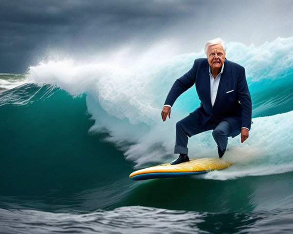 Elderly man in suit surfing on large wave digitally manipulated