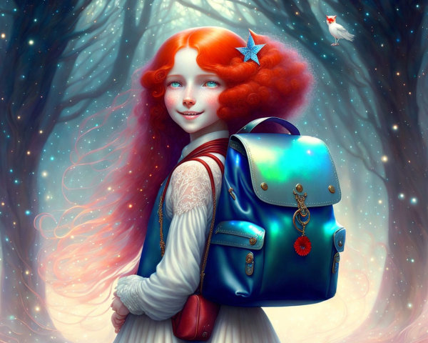 Vibrant red curly hair girl with blue backpack and bird in enchanted forest