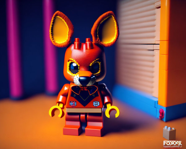 Anthropomorphic fox LEGO figure in pirate outfit with colorful columns and locker