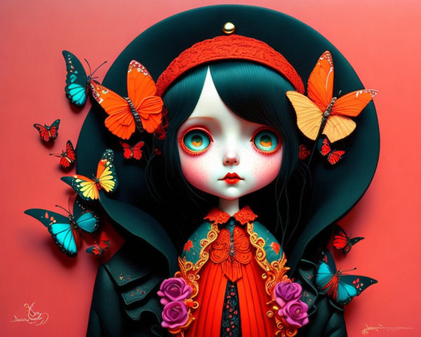 Illustrated girl with large eyes in red-orange outfit among vibrant butterflies