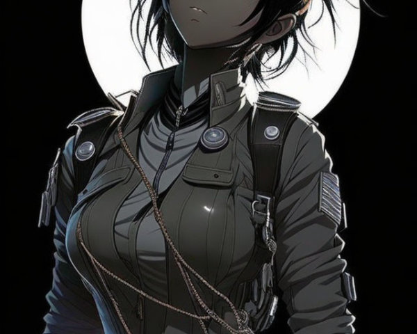 Female anime character in grey military uniform with chains under full moon