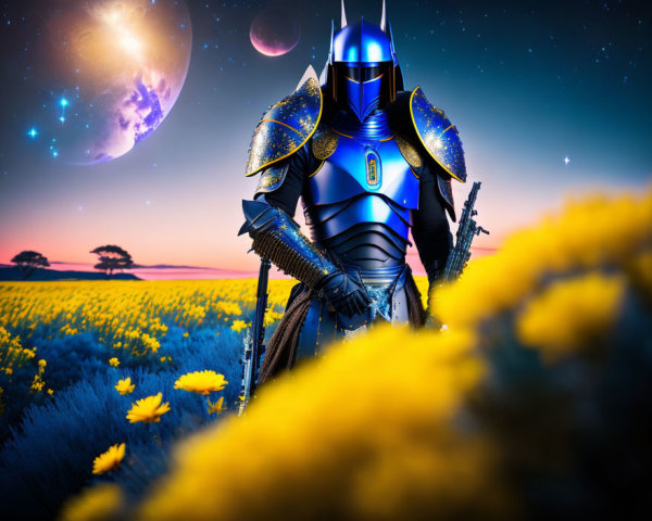 Futuristic knight in vibrant field with alien planets at dusk