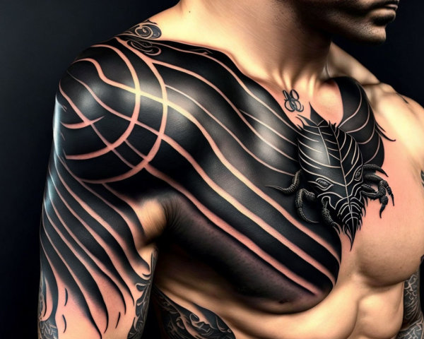 Detailed black tattoos on shoulder, chest, and upper arm with abstract designs and stylized creature.