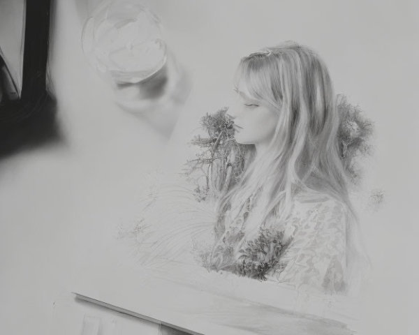 Monochromatic photograph of woman sketch surrounded by foliage