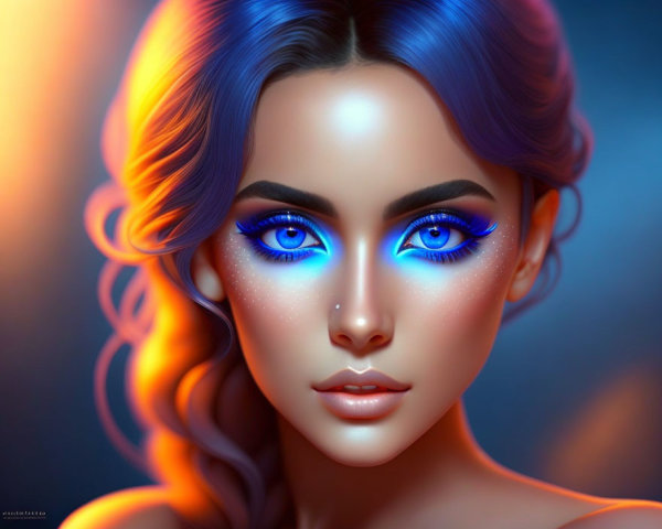 Digital Artwork: Woman with Blue Eyes, Radiant Skin, and Blue Hair