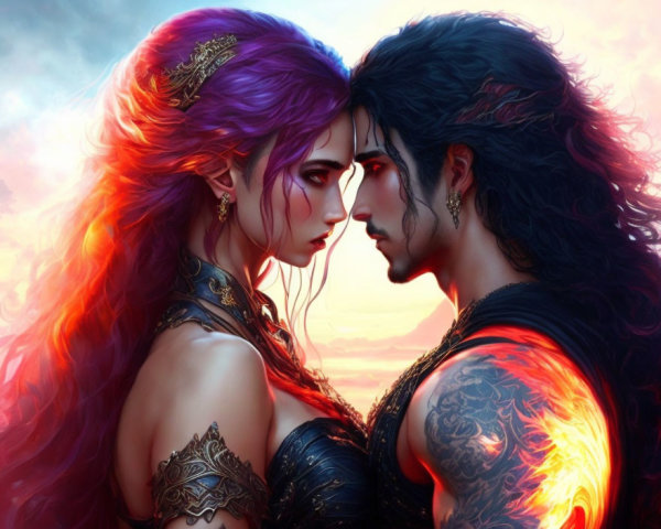 Fantasy couple digital artwork: woman with violet hair and crown, man with black hair and tattoos,