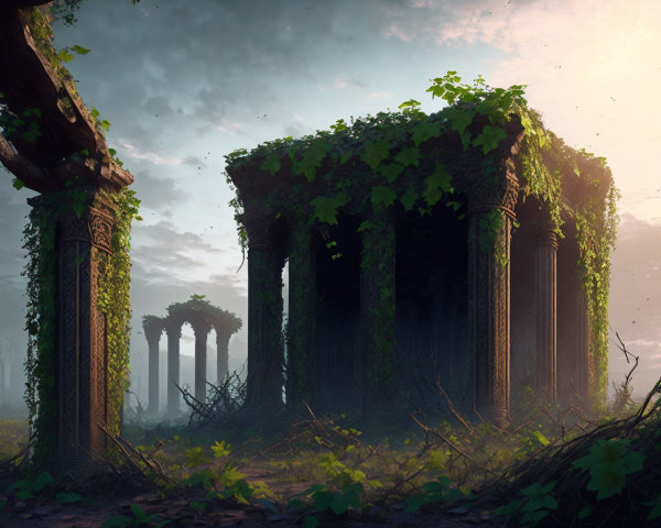 Classical columns engulfed by vines in sunlit forest