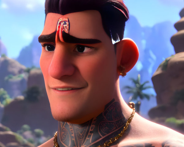Smiling animated character with stylized hair and tattooed chest against tropical backdrop