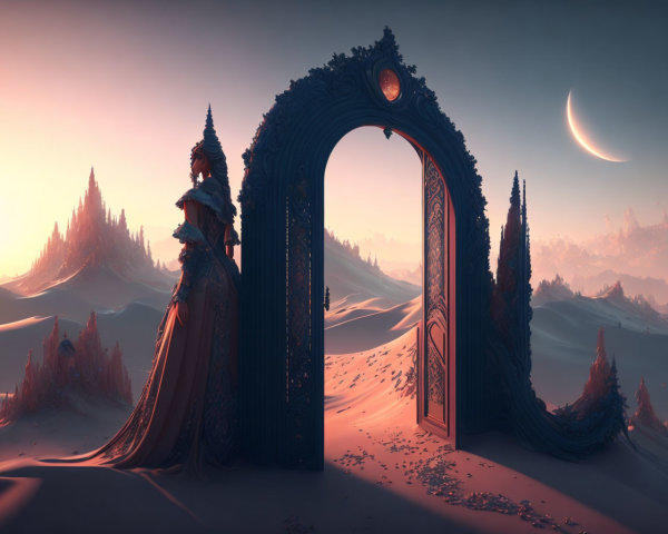 Regal queen in elegant dress by ornate desert doorway at twilight
