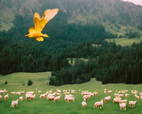 Golden eagle flying over flock of sheep in serene pastoral scene