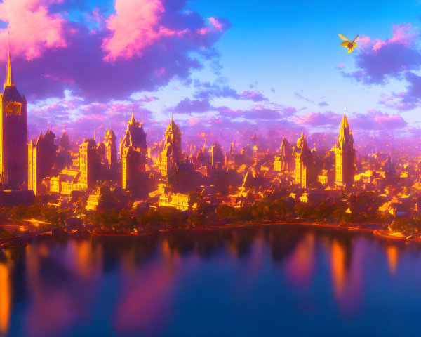 Fantastical sunset cityscape with spire-topped buildings and flying craft