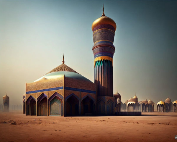 Colorful geometric designs adorn ornate mosque in desert setting