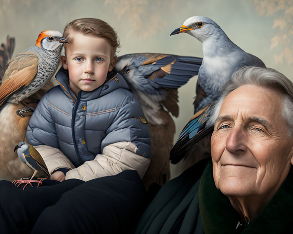 Elderly Man and Child with Birds in Peaceful Nature Scene