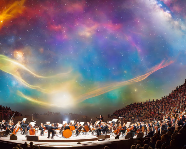 Symphony orchestra performing under vibrant cosmic sky