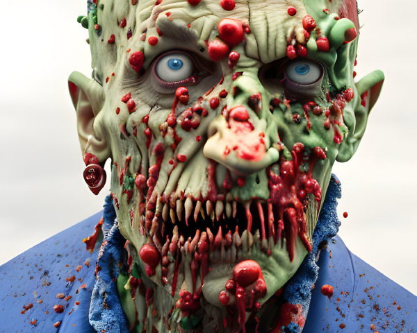 Detailed grotesque zombie with green skin, blood splatters, protruding eyeballs, and exposed teeth