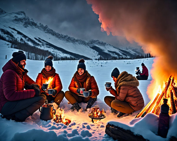 Group of four people drinking hot beverages by campfire in snowy mountains at sunrise.