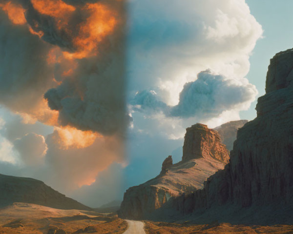 Photograph of road leading to smoke cloud behind rocky escarpment