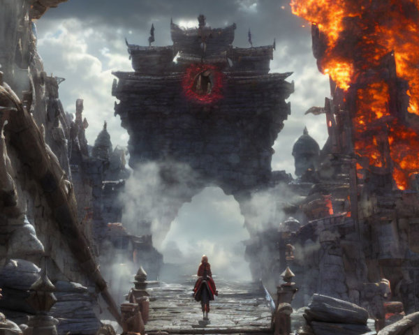 Mysterious figure in red cloak on stone bridge near brooding castle and fiery explosion under stormy sky