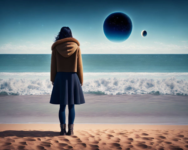 Woman on sandy beach gazes at oversized moon and distant planet under starry sky.