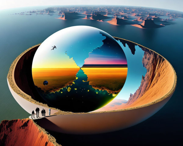 Surreal spherical portal reveals sunset beach in desert environment