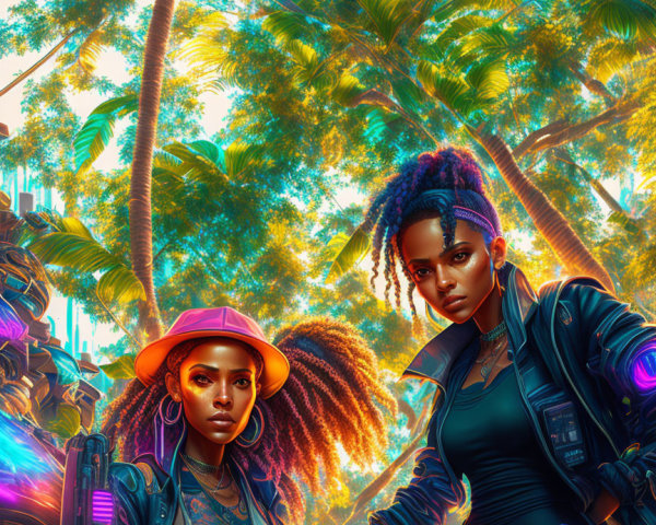 Futuristic women with cybernetic enhancements in vibrant jungle with robotic figure