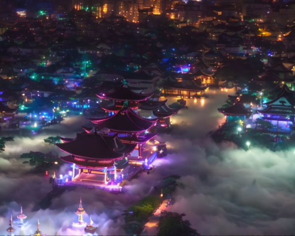 Traditional Asian Temple Illuminated at Night with City Lights Background
