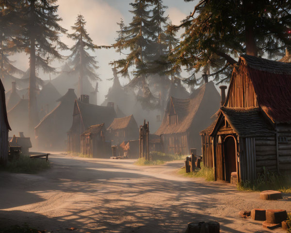Sunlit village with rustic houses and misty forest backdrop