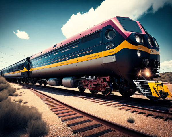 Colorful locomotive on curving railway track under partly cloudy sky