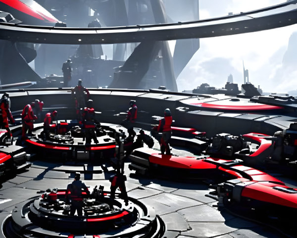 Futuristic hangar with sleek spacecraft and crew in red uniforms