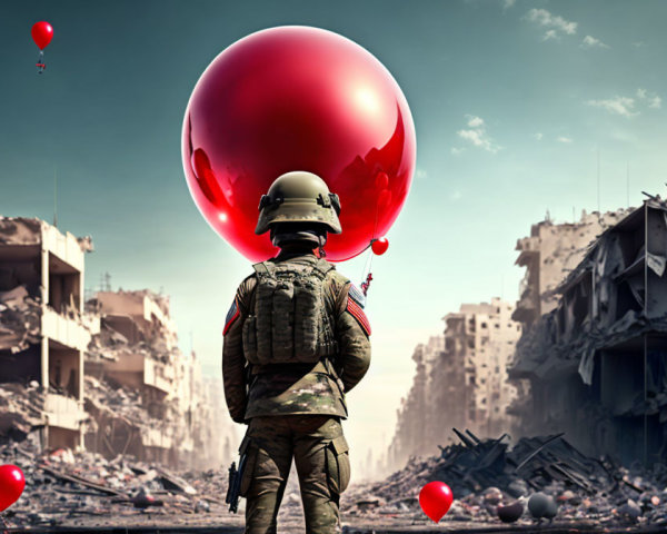 War-torn cityscape soldier with red balloon amid rubble