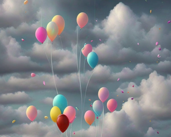 Children watching colorful balloons over beach and sky