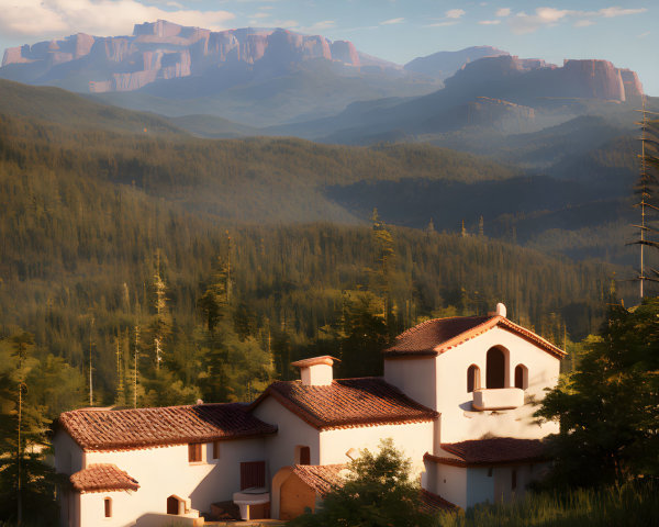 Tranquil landscape: traditional villa, lush forests, mountain backdrop