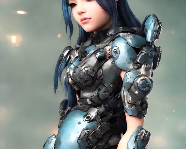 Futuristic 3D female character in blue hair and armor on glowing background