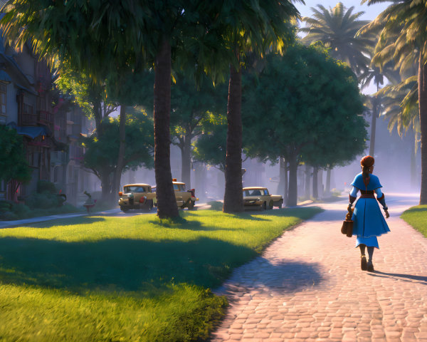 Woman in Blue Dress Walking on Sunlit Cobblestone Path with Palm Trees and Vintage Cars
