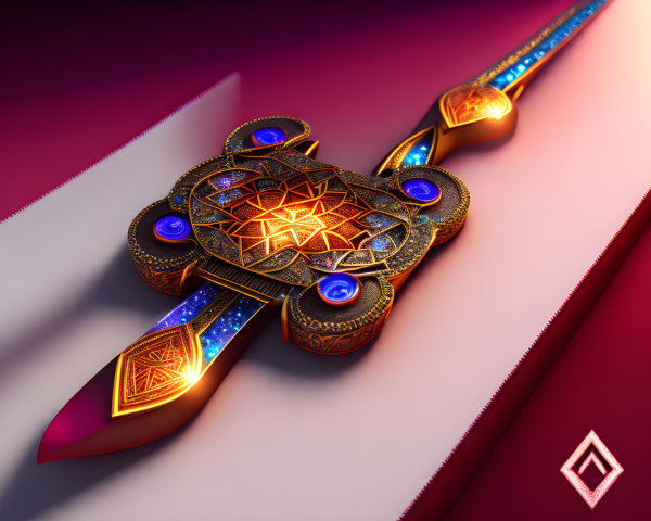 Detailed ornate golden dagger on split red and purple background