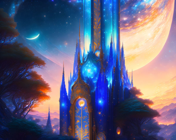 Ornate fantasy castle with spires in vibrant sky with planet and moon