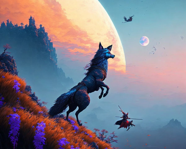 Wolf standing on hind legs with warrior on cliff under purple flora and moon.