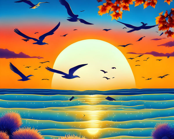 Colorful sunset over ocean with birds, autumn leaves, and sunbeams reflected on water.