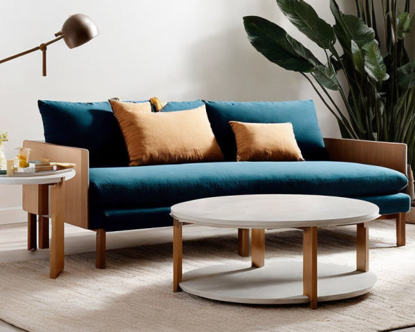 Stylish living room with teal sofa, mustard pillows, white table, lamp, and plant