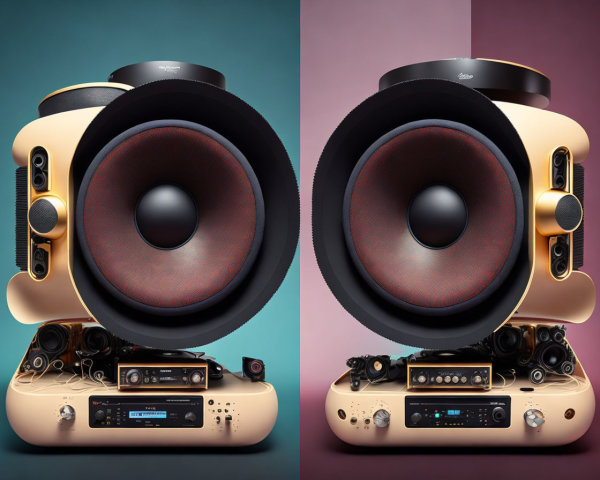 Modern gold and black speaker system with classic car radio aesthetic