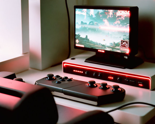 Retro Gaming Setup with Red & Black Console, Controllers, Pixelated Game