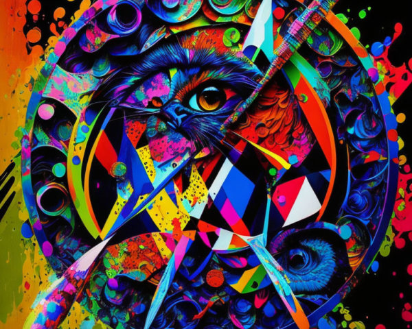 Colorful Abstract Cat Face Artwork with Swirling Patterns on Dark Background