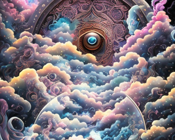 Psychedelic eye in cosmic scene with pagodas.