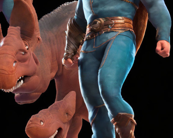 Blue-outfitted animated character with sword, walking with two dinosaur companions