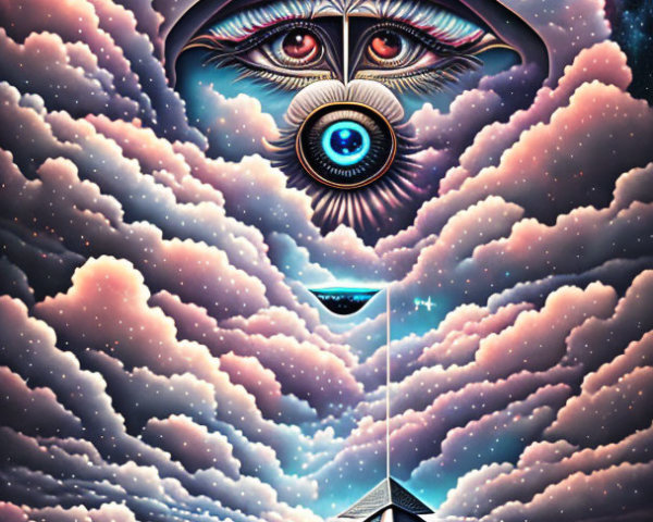 Surreal cosmic landscape with All-Seeing Eye, pyramid, colorful clouds, pyramids, and