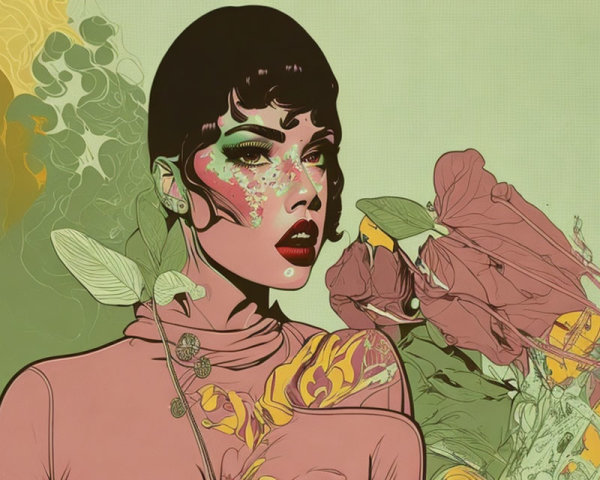 Stylized illustration of woman with pixie haircut and green eyeshadow