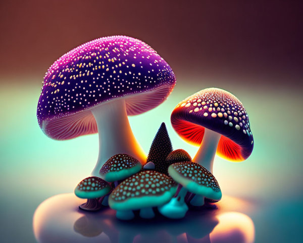 Colorful Bioluminescent-Like Mushrooms with Glowing Dots on Caps