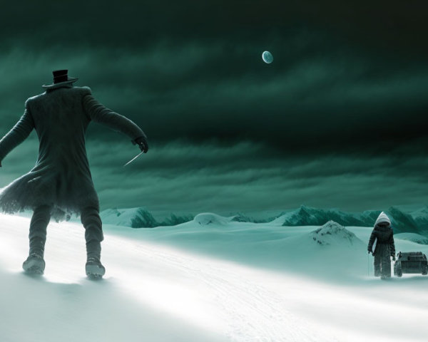 Figure in coat and hat meets child with suitcase in snowy landscape at night